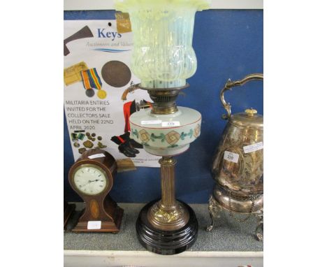 VICTORIAN BRASS OIL LAMP WITH BLACK SLAG GLASS BASE AND VASELINE GLASS SHADE 