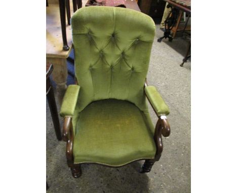 19TH CENTURY MAHOGANY GREEN UPHOLSTERED AND BUTTON BACK ARMCHAIR 