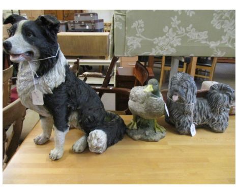 THREE ASSORTED GARDEN ORNAMENTS TO INCLUDE A COLLIE DOG, DUCK ETC 