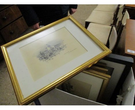 BOX CONTAINING GILT PRINTS, STAG PRINT ETC 
