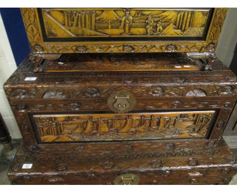 SMALLER CAMPHOR WOOD CARVED ORIENTAL TRUNK WITH SHIPPING PANEL FRONT 