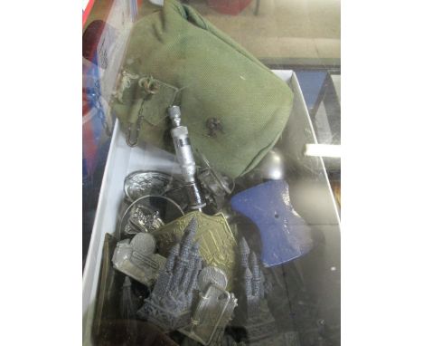 MILITARY TYPE FLASK, METAL BELT BUCKLES, CASTLE TYPE ORNAMENTS ETC 