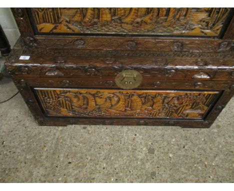 LARGE CAMPHOR WOOD CARVED ORIENTAL TRUNK WITH SHIPPING PANEL FRONT 
