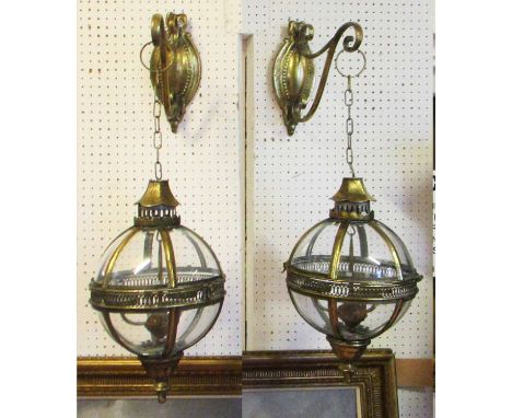 WALL LANTERNS, a pair, Regency style gilt metal mounted and globular glazed, approx 70cm H including the chain. (2)