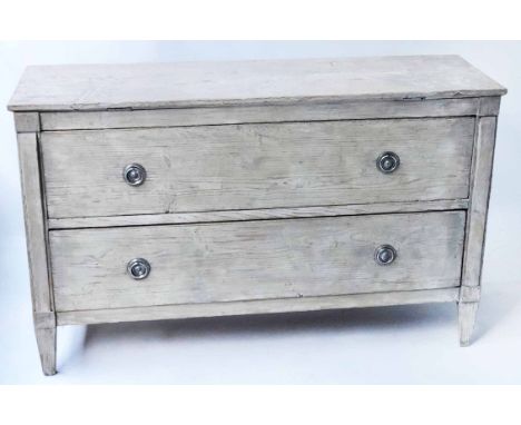 GUSTAVIAN COMMODE, 19th century Swedish scummed grey pine with two long drawers and tapering supports, 140cm x 46cm x 85cm H.