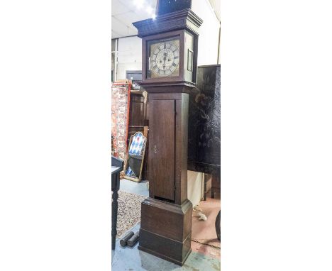 LONGCASE CLOCK, George III oak with brass and silvered dial inscribed John Bruce,  Sandwich, 43cm x 204cm H. (with faults)