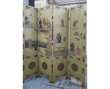 SCREEN, four fold in a traditional figural Chinese design with birds and flowers to verso, each panel 46cm x 184cm H.