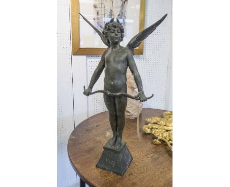 SPELTER FIGURE, 'Winged cherub with bow' titled, 58cm H.