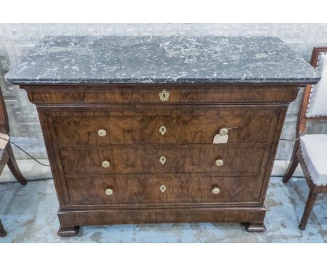 COMMODE, 19th century French Louis Philippe, figured walnut and gilt metal mounted with four long drawers and St Annes grey, 