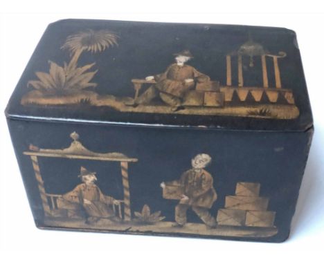 TEA CADDY, 19th century Chinese export dark green and gilded Chinoiserie painted with rising lid, 10cm H x 16cm x 10cm.