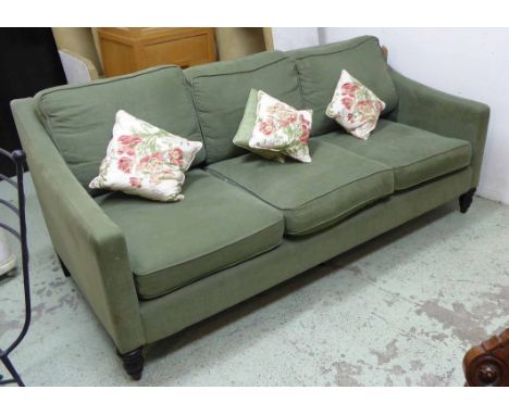 SOFA, in moss green fabric on turned ebonised support from Sofa.com, 190cm x 91cm x 81cm H. (with faults)