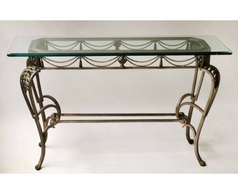 CONSOLE TABLE, Spanish wrought iron and gilt metal with cabriole supports and canted bevelled edged glass top, 120cm x 40cm x