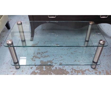 OPTIMUM MEDIA CONSOLE, two tier, tempered glass, 90cm W.
