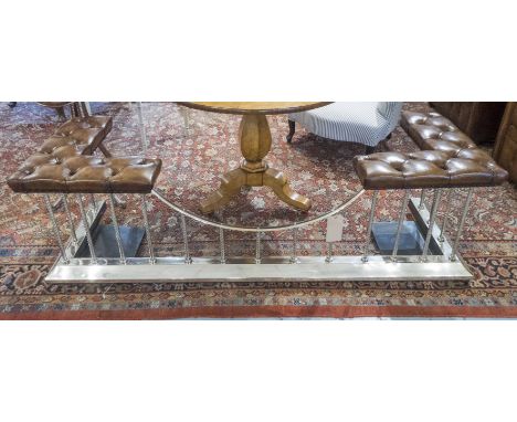 CLUB FENDER, vintage hand finished leaf brown button leather twin pads raised upon shaped spiral silvered metal balustrade, 1