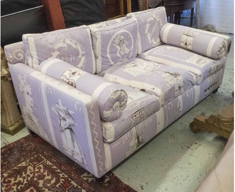 SOFA BED, three seater, with lilac and white upholstery and two bolster cushions, 184cm L x 83cm H. (with faults)