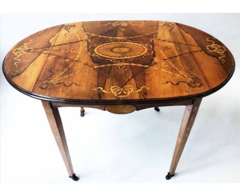 SOFA TABLE, Edwardian rosewood oval with Robert Adam style satinwood oval starburst ribbon and swag marquetry inlay with twin