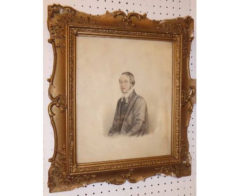 19th CENTURY SCHOOL 'Portrait of a Parson', watercolour, label fragment verso, 29cm x 24cm, framed.