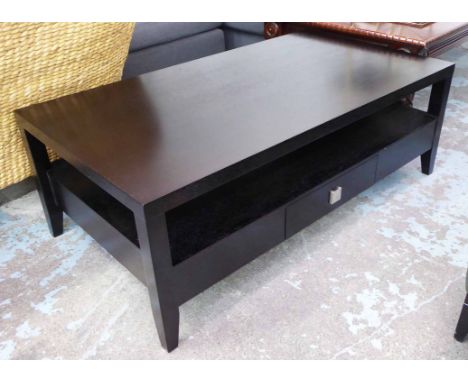 LOW TABLE, dark wood with shelf and drawer, 43cm H x 120cm x 65cm.