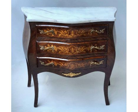 COMMODE, French Louis XV style marquetry and gilt metal mounted with three long drawers and Carrara marble, 80cm x 42cm x 79c
