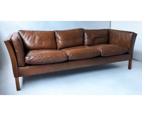 STOUBY DANISH SOFA, 1970's teak in mid brown leather with three back, three seat and side cushions, 205cm x 65cm H.