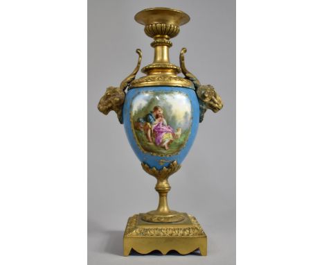 A 19th Century Sevres Style Porcelain and Ormolu Mounted Candlestick of Urn Form with Courting Couple and Floral Cartouches o