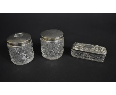 Three Silver Topped Glass Dressing Table Pots, Two Comprise Pair of Engine Turned Examples and a Single Repousse Decorated Re