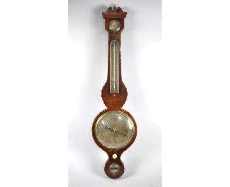 A 19th Century String Inlaid Wheel Barometer with Thermometer the Spirit Level Signed E Fisher, Ellesmere, Condition Issues 