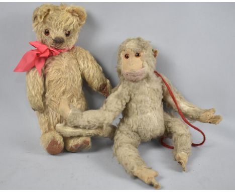 A Small Vintage Plush Teddy Bear with Glass eyes Together With a Steiff Style Monkey 