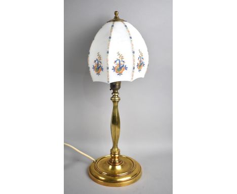 A Nice Quality 1930's Brass Table Lamp with Opaque Glass Shade Having Floral Decoration, 45cm High Overall