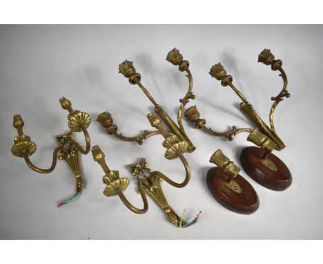 A Pair of Three Branch Brass Candle Sconces of Foliate Scrolled Form Together with a Pair of Candle Sconces on Wooden Mounts 