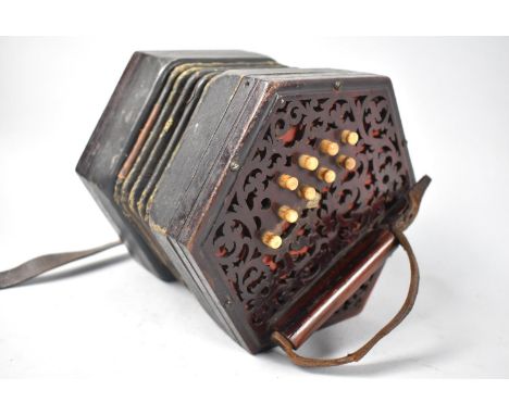 A Lachenal Anglo System Concertina with 20 Bone Keys, Fretwork Ends and 5 Fold Leather Bellows, Handle Stamped English Made. 