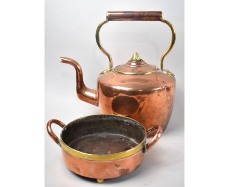 A Vintage Copper and Brass Kettle, Lid Finial AF Together with a Copper and Brass Two Handled Bowl 