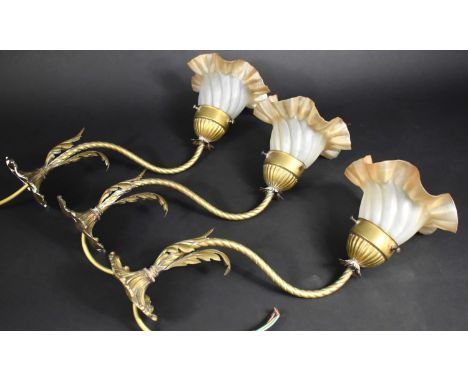Three Victorian Style Brass Single Arm Wall Light Sconces with Vaseline Glass Floral Shade and Twisted Support, each 38cm lon