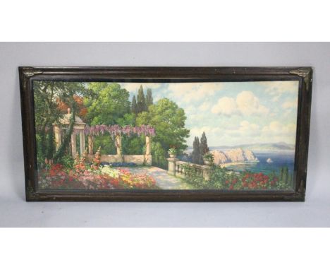 A Large Framed Print of Mediterranean Garden Scene, 120x52cm 