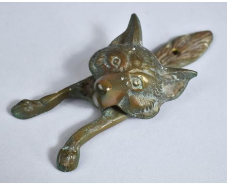 A Vintage Brass Novelty Door Knocker in the Form of a Fox Mask, 14cm High 