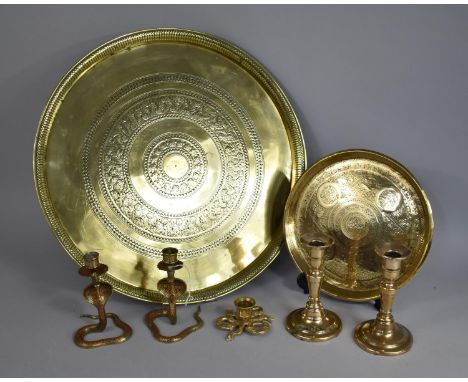 A Collection of Brass Ware to Comprise Large Charger with Lipped Rim and Engraved Decoration, a Smaller Example 25.5cm Diamet