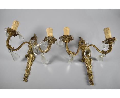 A Pair of French Ormolu and Crystal Two Branch Wall Light Fittings in the French Style, 33cm High 