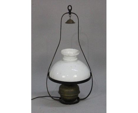 A Wrought Metal Hanging Light Fitting with Opaque Glass Shade 