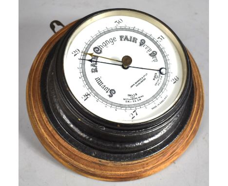 A Vintage Wall Hanging Metal Cased Aneroid Barometer on Wooden Circular Plinth, 27cm Diameter 