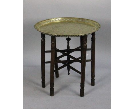 A Vintage Indian Benares Tray with Islamic Engraved Decoration and Pierced Border on Folding Stand, 56cm Diameter 