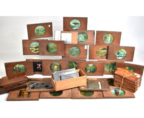 A Large Collection of Mahogany Circular and Rectangular Coloured Magic Lantern Slides, Some condition Issues 