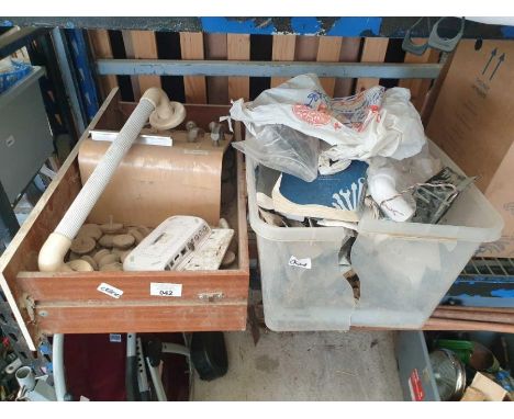 Collection of wooden furniture knobs, plumbers copper pipe fittings and other items