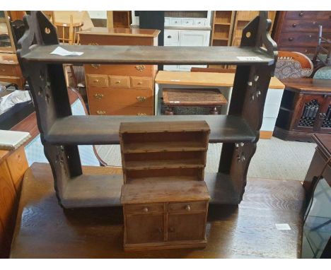Miniature pine farmhouse dresser along with an oak Arts &amp; Crafts wall hanging shelf unit
