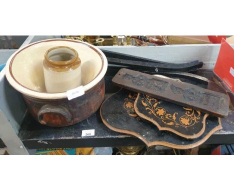 Vintage biscuit mould, laquered 2 tier table, 2 large ceramic bowls etc