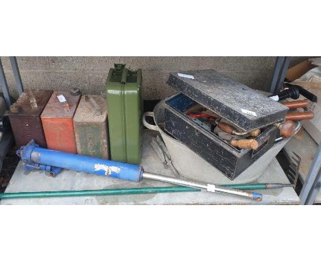 3 vintage petrol cans with brass lids including Pratts along with a galvanised washing bath, hand tools and other items
