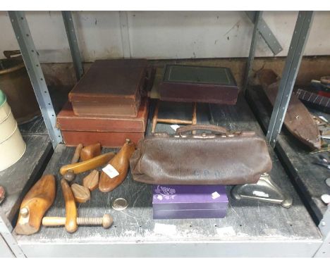 Vintage wooden shoe lasts, Doctors style leather bag, vintage trunks and other items