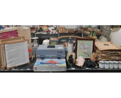Toolbox to include miniature metal soldier figures, enamel paint, Airfix 7 class lifeboat, signed and numbered Lawrence Dalla