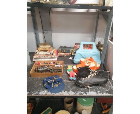 Pair of vintage Rugby/Football boots with vintage platform heels, various books, vintage oil dispenser etc