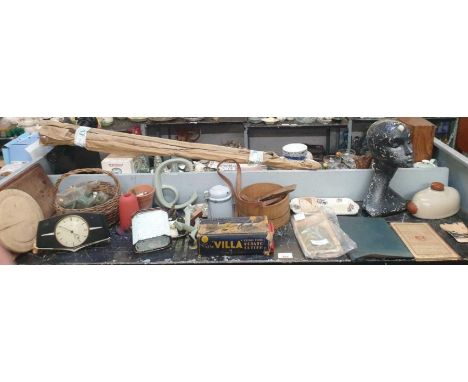 Winfield vintage dressmakers mannequin head, enamelware, bread boards, vintage glass bottles etc