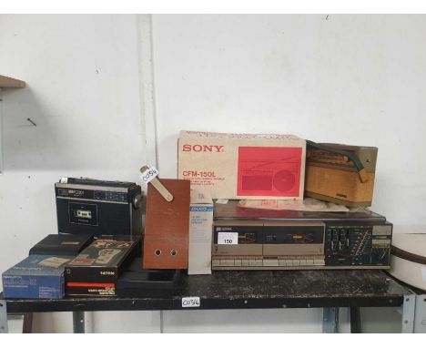 Vintage audio equipment including a Centra tape player/record player, vintage radio/cassettes and other items